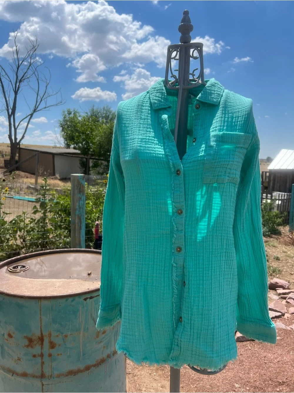 Natural Reflections turquoise Gauze Shirt 100 percent cotton Boho Beachy Country